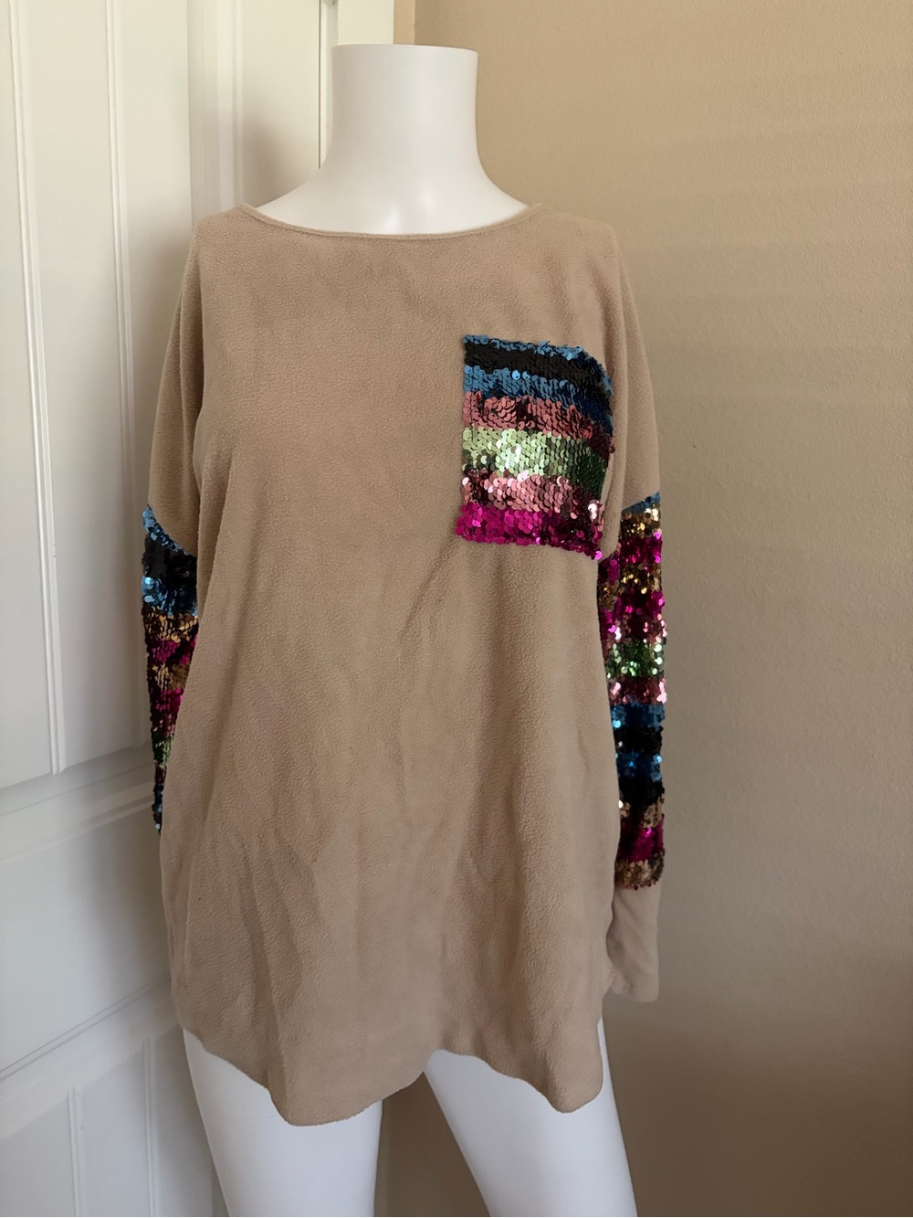 Colorful Sequin-Accent Beige Women's Sweater